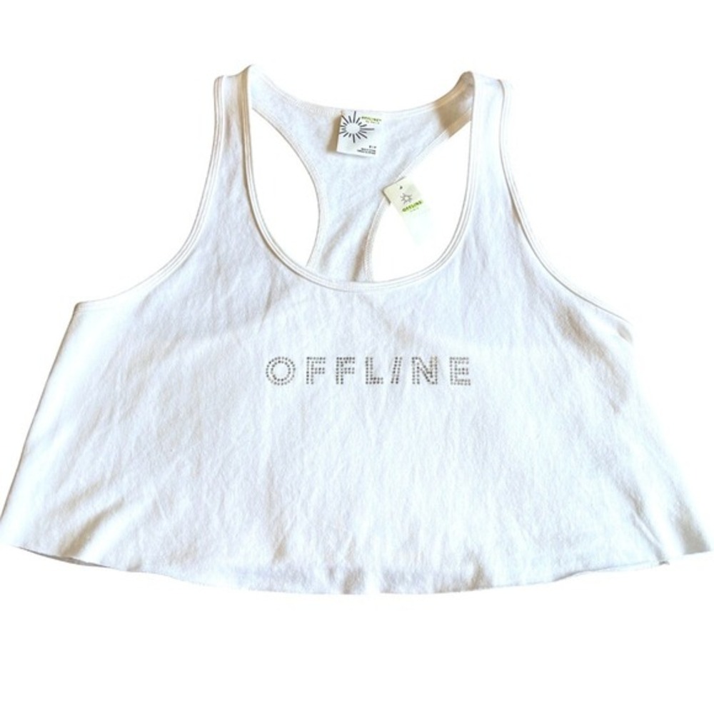 Aerie Offline Crop Top NWT Womens Size S White Bling Spellout Soft‎ Glam Girl